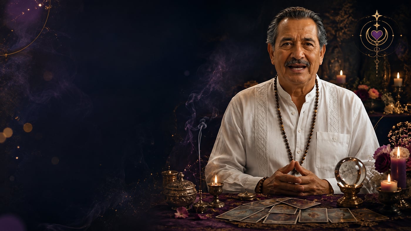 Maestro espiritual sentado frente a su altar con velas, cartas y flores