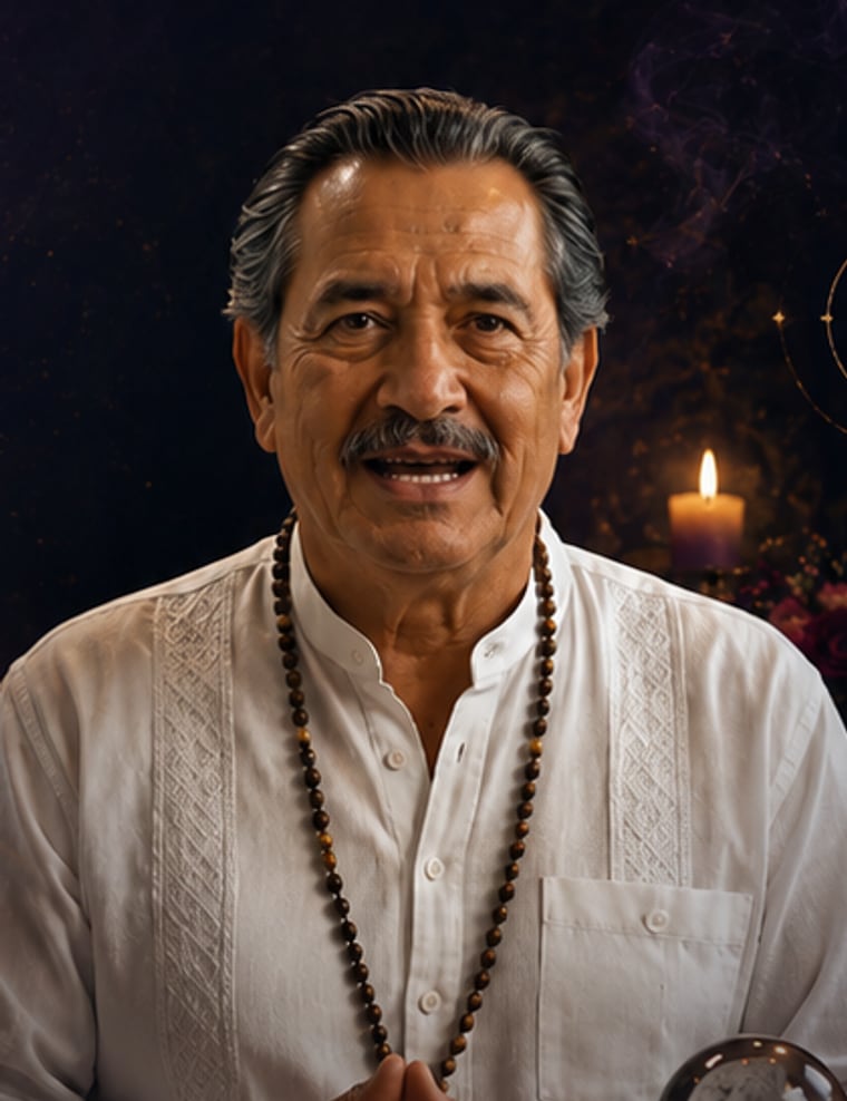 Retrato del maestro espiritual frente a su altar