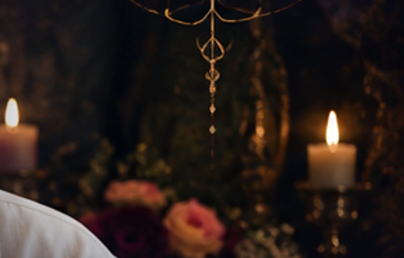 Dos velas encendidas junto a rosas y un adorno dorado