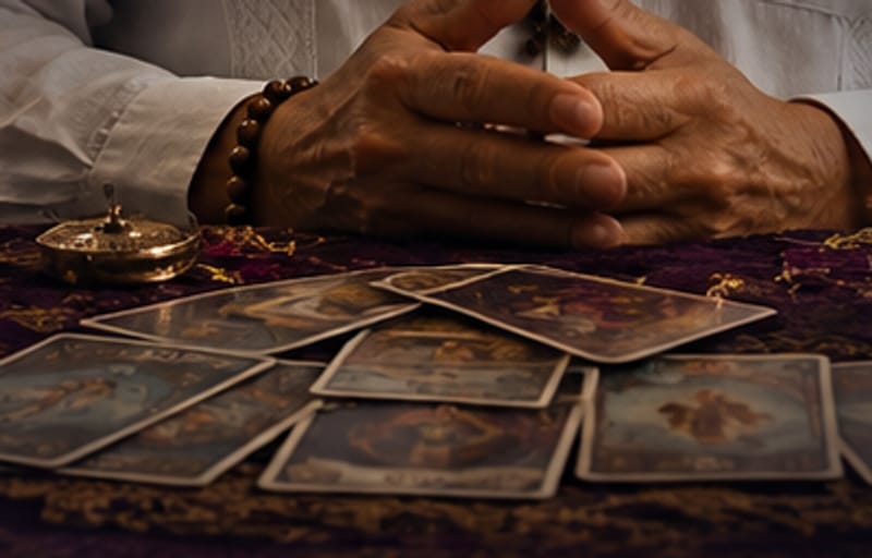 Manos del maestro sobre las cartas extendidas en el altar