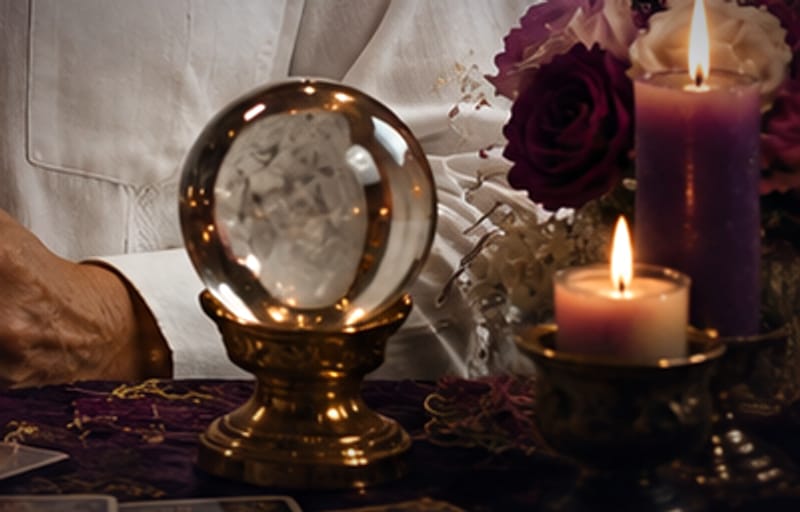 Bola de cristal, rosa y velas encendidas sobre el altar