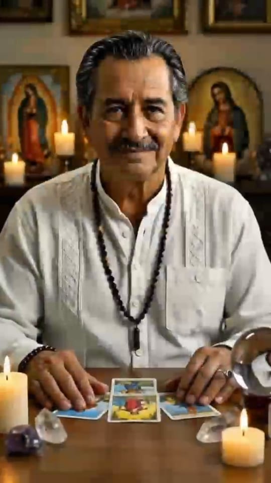 El maestro frente a su altar con velas y cartas, cuadro del video de presentación